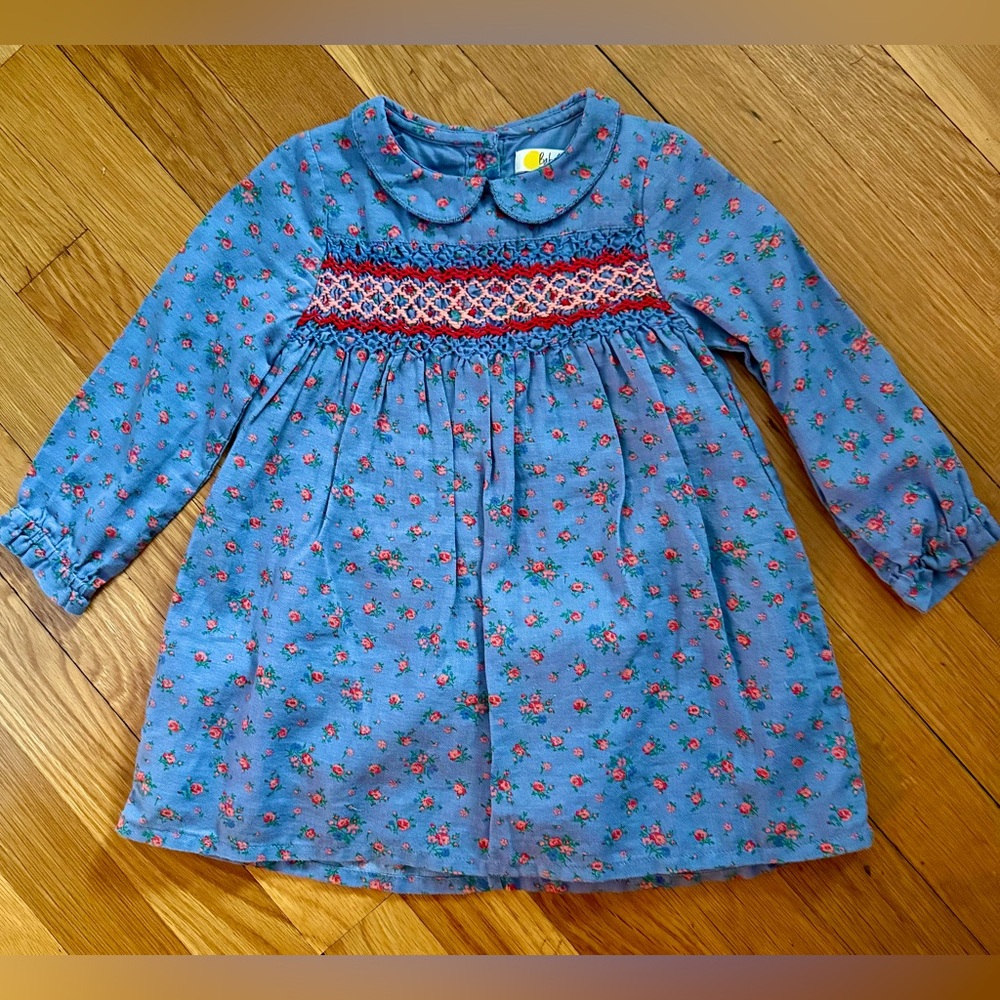 Baby Boden 6-12M Blue Collared Floral Print Dress with Smocking